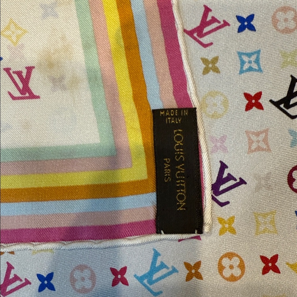Louis Vuitton Takashi Murakami White Multicolor Silk Scarf 26.5x26.5” - Picture 8 of 13